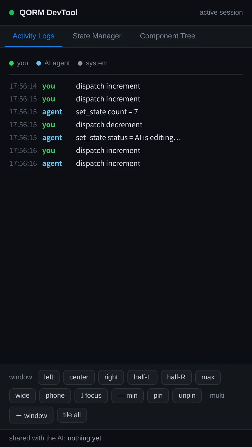 The activity panel — human and AI actions on the same live app
