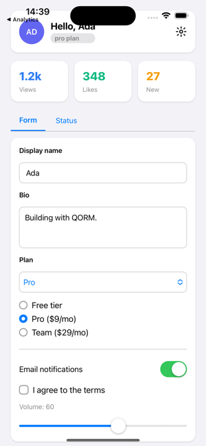 A QORM app on iOS with native inputs and toggles