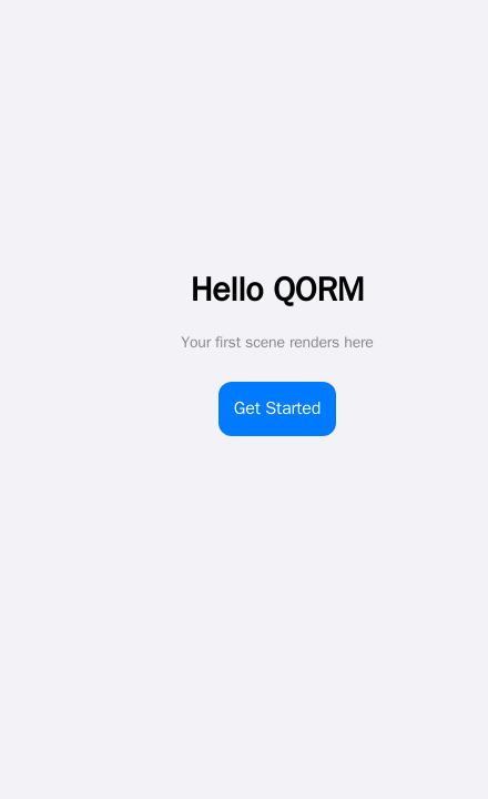 A rendered QORM scene with a title, text, and a button
